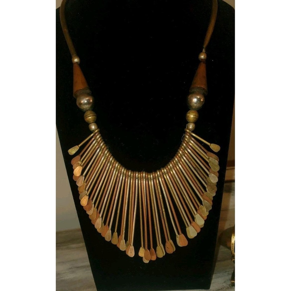 Vintage Large Brass/Copper Fringe Bib Necklace Runway Rare Ethnic Geometric - Picture 2 of 4